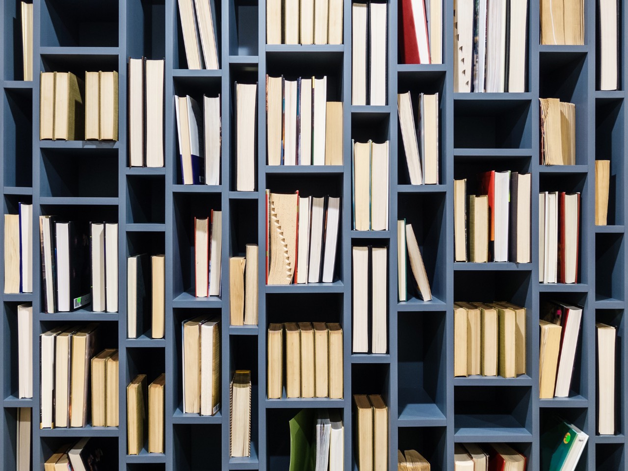 Blue bookshelf with books